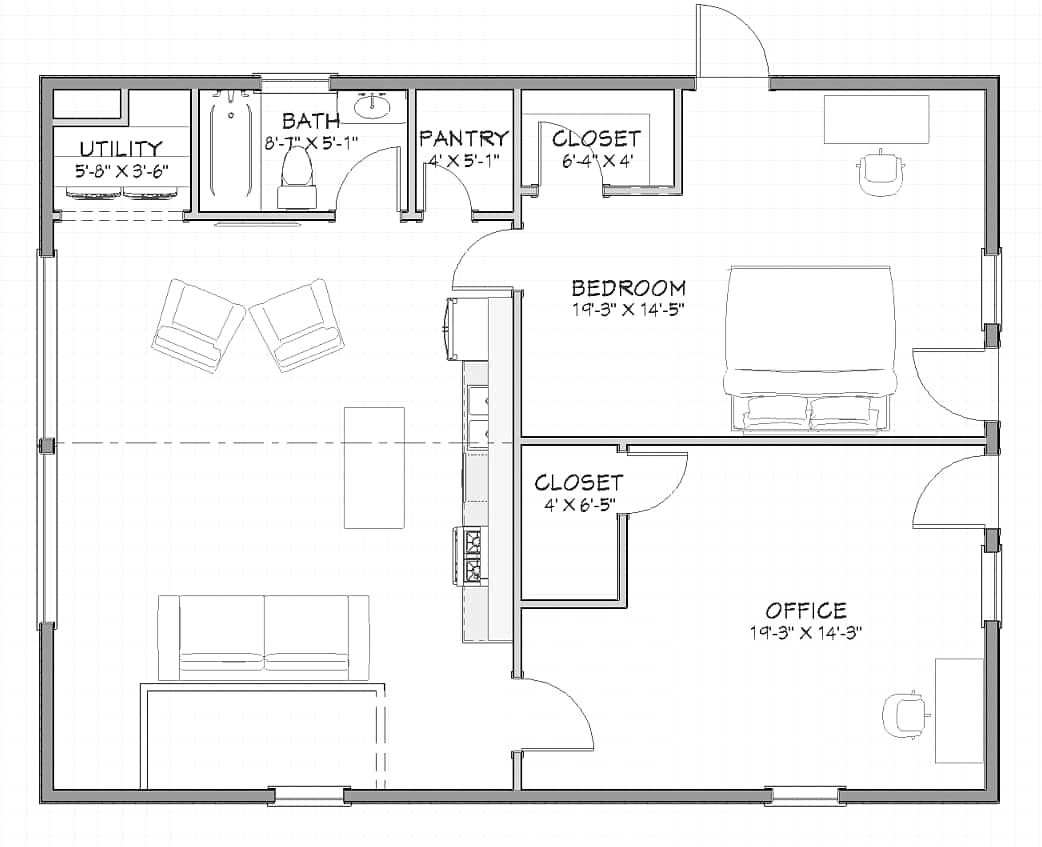 Floor plan of the apartment showing the great room, two rooms, bath, pantry and utility closet
