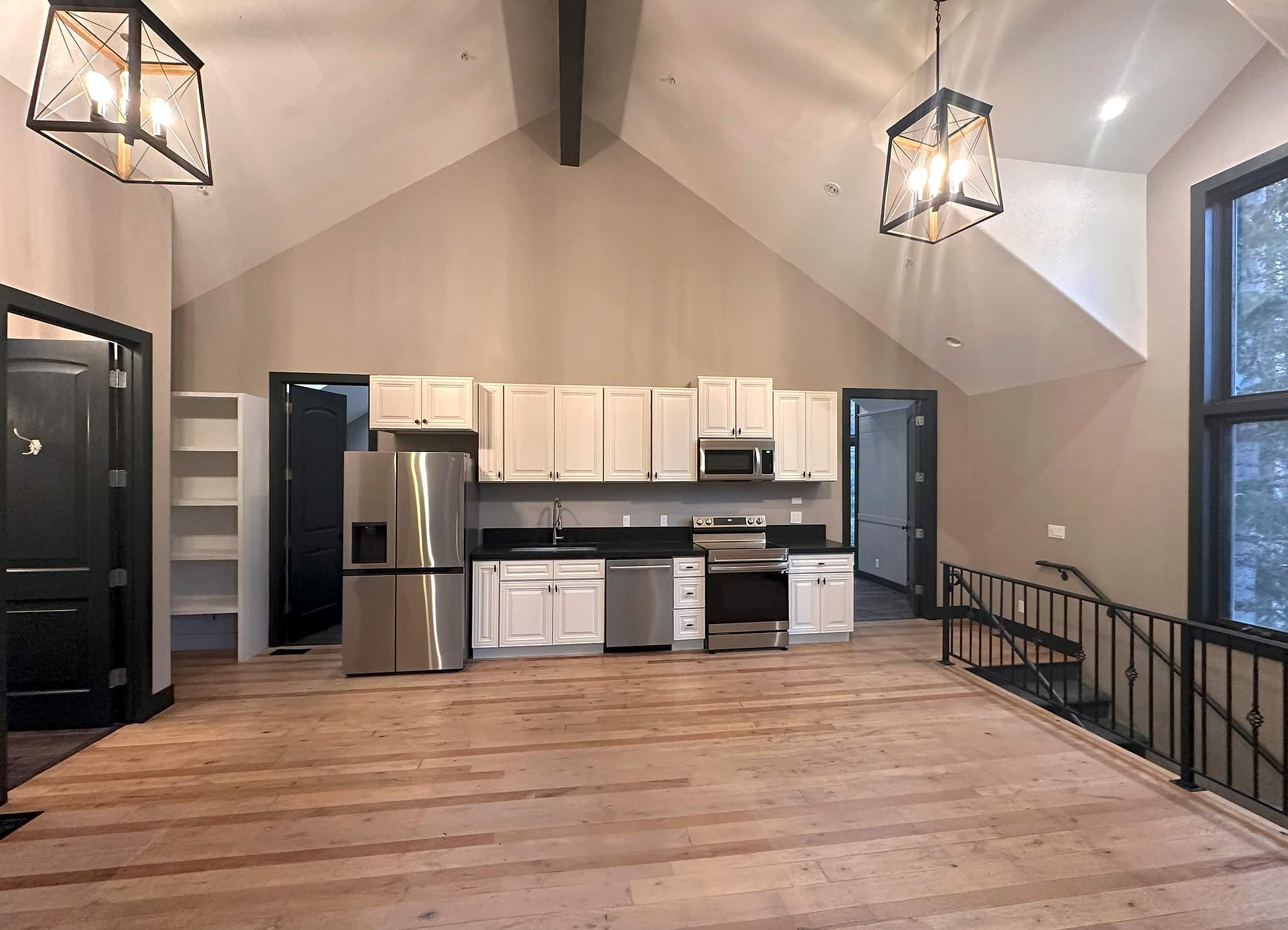 The kitchen along the far wall